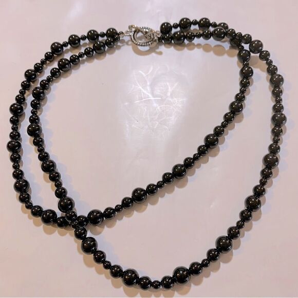Vintage Black Glass Necklace 2 Strand Round Beads 16” see video Gorgeous - Picture 1 of 6